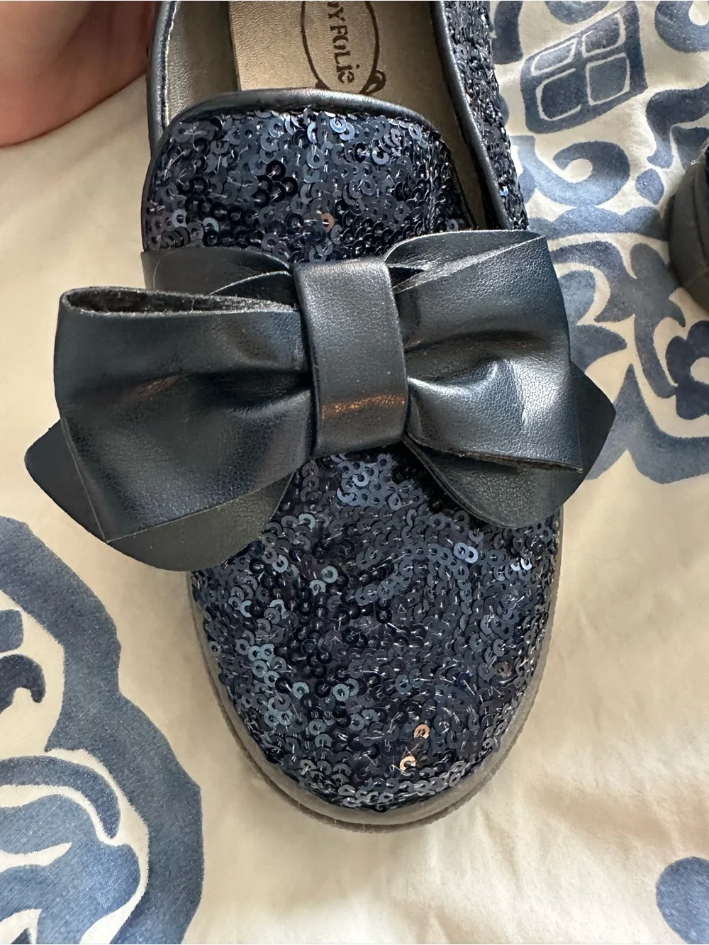 Joyfolie Navy Sequin Bow Slip-On Loafers